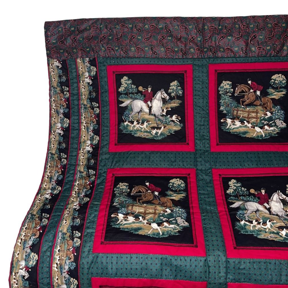 Handmade Vintage 70's Equestrian Horse Rider Beagle Hunting Paisley Quilt 66X52 - Picture 2 of 11